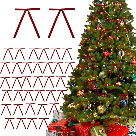36 Pcs Velvet Christmas Tree Bow Ornaments – Luxury Red Bow Tie Decorations for Tree, Wreath, Gift Boxes & Holiday Decor