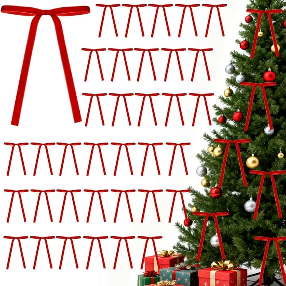 36 Pcs Velvet Christmas Tree Bows 5x7 Inch Velvet Bows Door Garland Decor Vintage Wreath Bow for Wreaths Xmas Tree Home Decoration (Red)