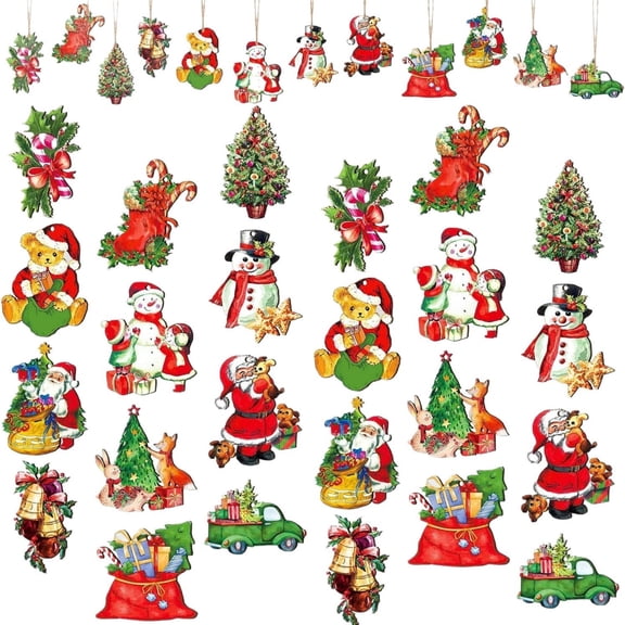 36 Pcs Vintage Wooden Christmas Ornaments, Retro Xmas Decorations Bulk Santa Claus Hanging Ornaments for Christmas Tree,Christmas Tree Decorations