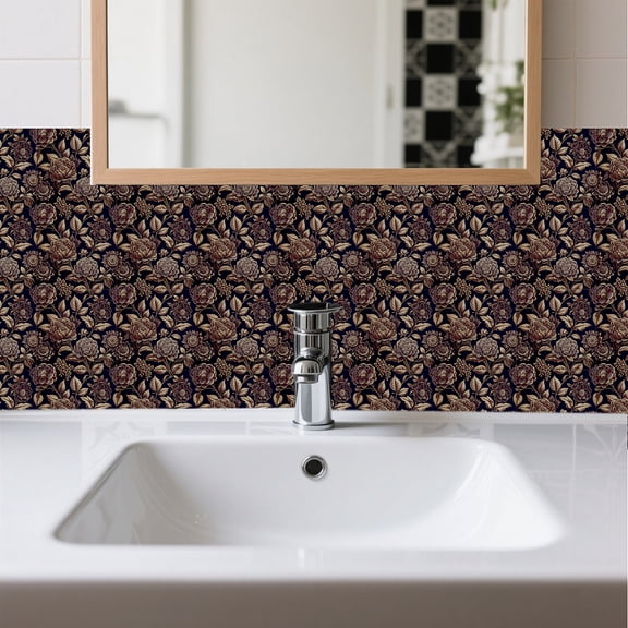 36 Pcs Wall Stickers Black Copper Color Flower Pattern Peel and Stick Wall Tile Sticker Seamless Floral Waterproof Self Adhesive Stick on Tile Decals