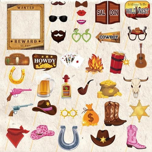 36 Pcs Western Cowboy Cowgirl Photo Booth Props Kits Wild West Party Decorations Rodeo Party Decor for Western Theme Birthday Baby Shower Cowgirl Cowboy Bachelorette Party Supplies