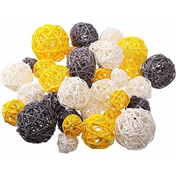 36 Pcs Wicker Rattan Balls Decorative Balls for Vase Centerpiece Bowls Orbs Filler for Home Decor,4 Sizes(Yellow, Gray, White)
