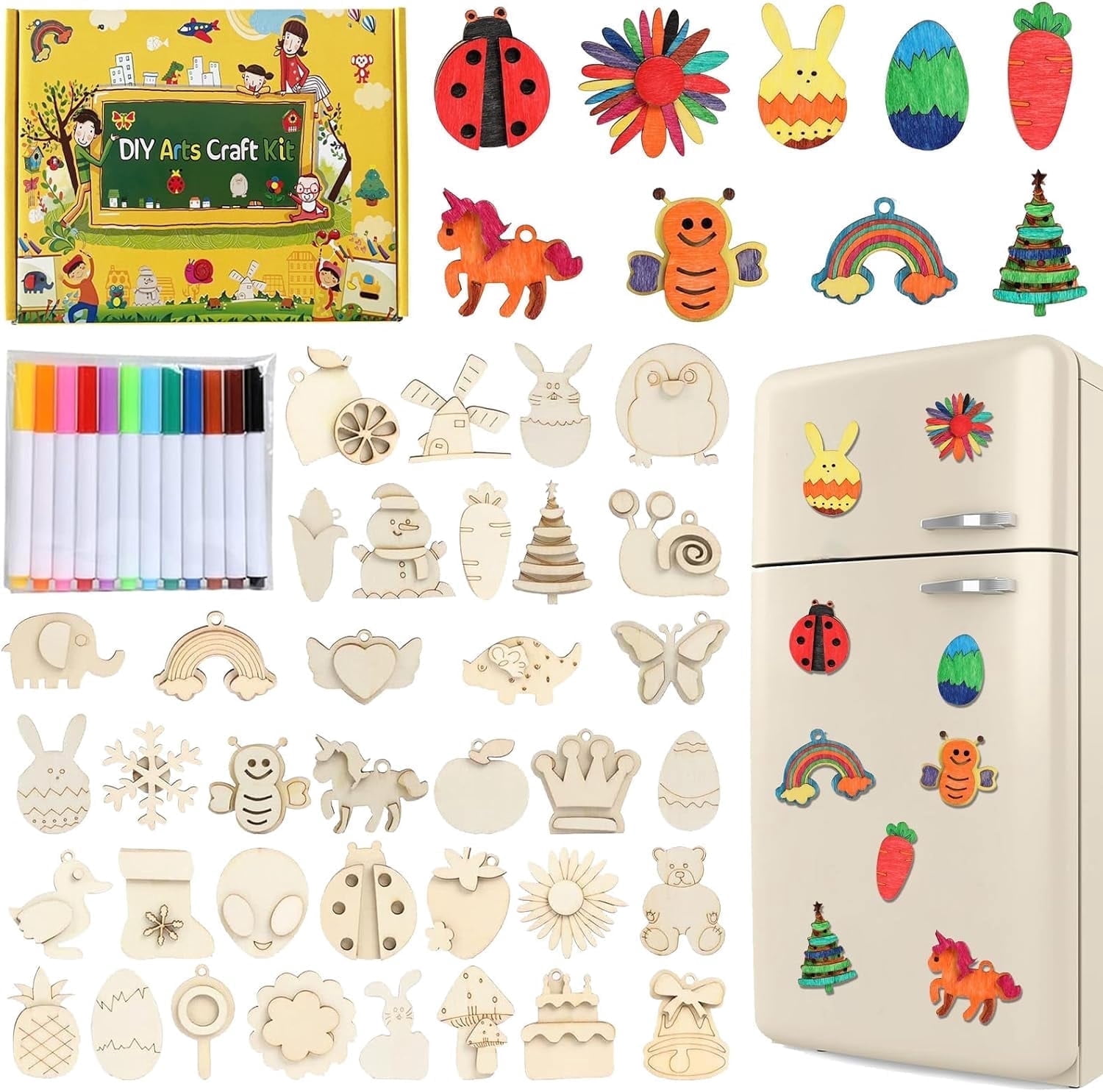 36 Pcs Wooden Magnets, DIY Creativity Art Craft Supplies Painting Kit for Kids Party Favors, Decorate Your Own Painting Gift for Ages 4 5 6 7 8 8-12, Birthday Easter Gifts Basket Goodie Bag Stuffers