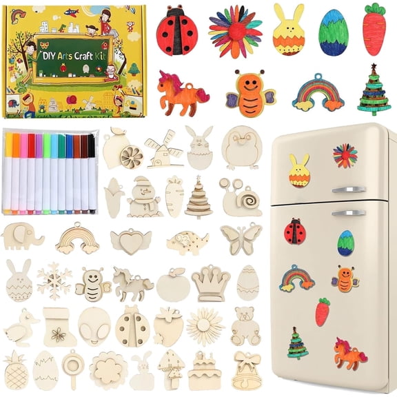 36 Pcs Wooden Magnets, DIY Creativity Art Craft Supplies Painting Kit for Kids Party Favors, Decorate Your Own Painting Gift for Ages 4 5 6 7 8 8-12, Birthday Easter Gifts Basket Goodie Bag Stuffers