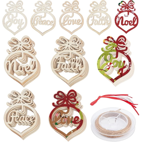 36 Pcs Wooden Pendant Ornament Hollow Out Wooden Discs Decorations Hanging with Hemp Cord for DIY Christmas Craft Embellishments