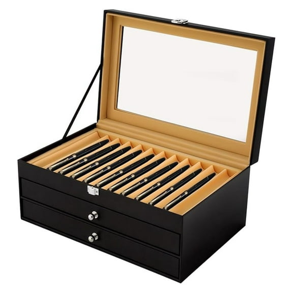 36 Pen Display Case, PU Leather Pen Box Organizer with Drawers & Glass Lid - Fountain Pen, Marker, Pencil Storage - Retro Style Gift