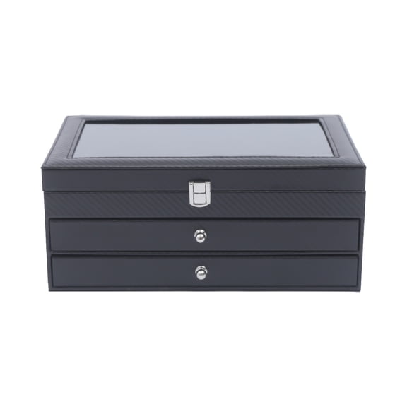 36 Piece Black Pen Display Case Storage and Fountain Pen Collector Organizer Box with Glass Window Three Level Display Case with Drawer
