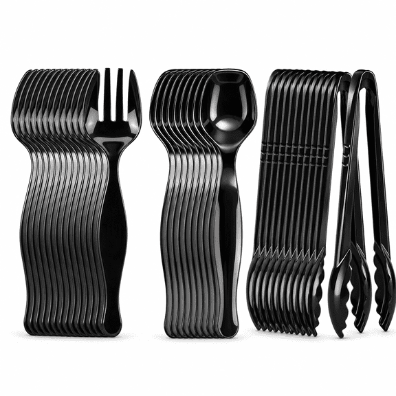 36-Piece Disposable Serving Utensils Set, 12 Spoons, 12 Forks, 12 Tongs, 9" Heavy Duty Plastic Serving Utensils for Buffet, Catering and Party, Black