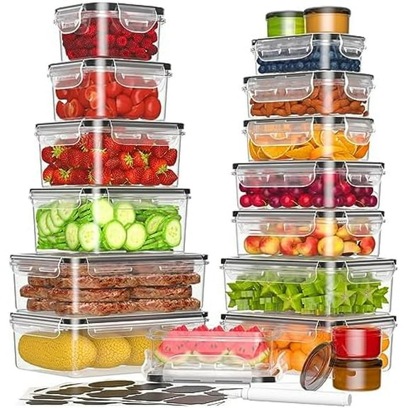 36-Piece Food Storage Containers with Lids(18 Container & 18 Lid), Plastic Food Containers for Pantry & Kitchen Storage and Organization, BPA-Free, Leak Proof, Reusable with Labels & Pen