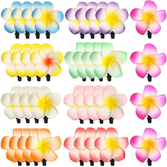 36-Piece Hawaiian Plumeria Hair Clips Set - Tropical Frangipani Foam Flowers for Bridal, Luau & Beach Party Hair Decor (7 cm/ 2.8 inch, Assorted Colors)