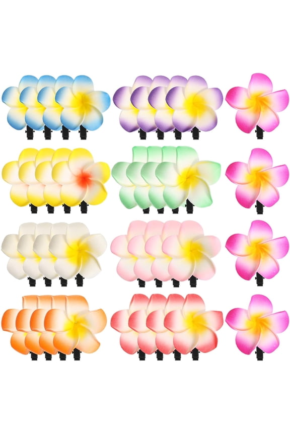 36-Piece Hawaiian Plumeria Hair Clips Set - Tropical Frangipani Foam Flowers for Bridal, Luau & Beach Party Hair Decor (7 cm/ 2.8 inch, Assorted Colors)