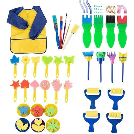 Imagine Studios Paint Brush Art Kit for Kids - 36-Piece, Transparent Foam - Foam Brushes, Rollers & Stamps Painting Set with Apron for Crafts & Art Supply