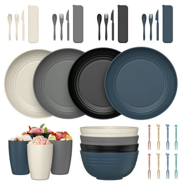 36 Piece Kitchen Wheat Straw Dinnerware Set, Service for 4, Plates and Bowls Sets, Unbreakable Plastic Outdoor Camping Dishes Sets, Dishwasher Microwave Safe Dinnerware