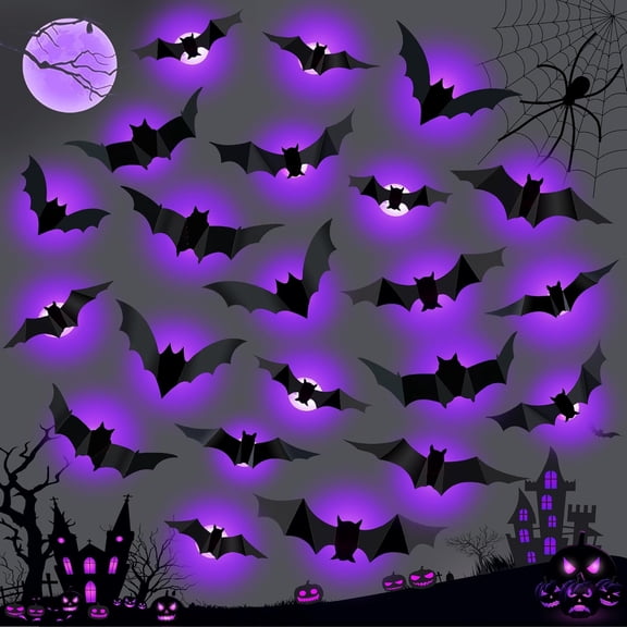 36 Piece LED Purple Lighted 3D Bats Halloween Decoration Removable PVC Wall Stickers