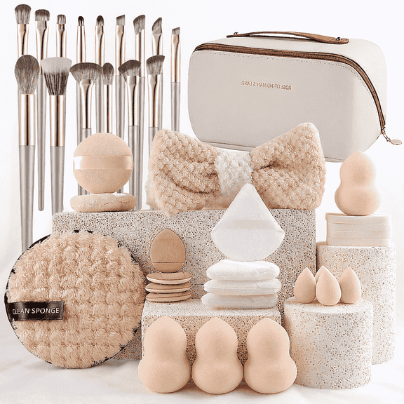 36-Piece Professional Makeup Brush Set with Cosmetic Bag, Synthetic Bristle Face & Eye Brushes, Beauty Blender Sponges, Full Makeup Tool Kit for Women