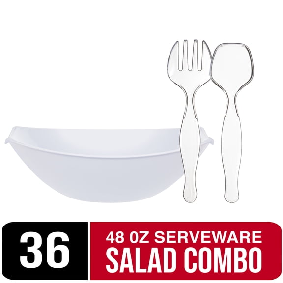 36-Piece Serveware Set - 12 Medium White Disposable Serving Bowls (48oz) - With 12 Clear Disposable Plastic Deluxe Salad Spoons & forks