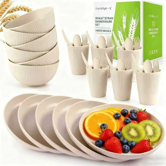 36-Piece Wheat Straw Dinnerware Sets for 6, Unbreakable Reusable Set Kitchen Cups, Plates, Bowls Sets & Cultery Dishwasher Microwave Safe - Patio, Outdoors, RV, Camping Dishes