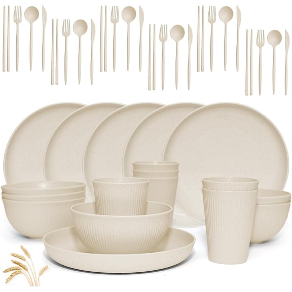 36 Piece Wheat Straw Dinnerware Sets Service for 6, Unbreakable Plates Bowls Cups Set, Lightweight Dishwasher Microwave Safe for Camping