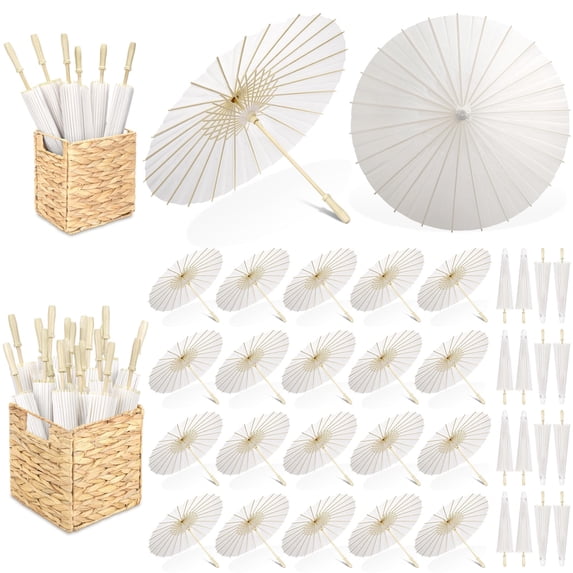 36 Piece White Decorative Paper Parasol Umbrella Set with 2 Storage ...