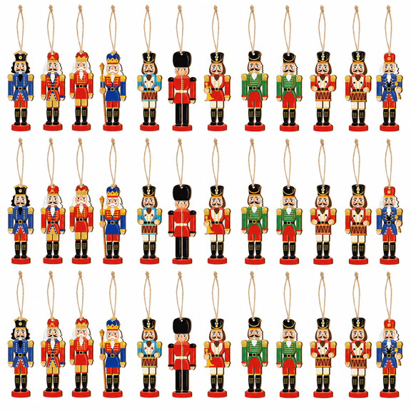 36-Piece Wooden Nutcracker Christmas Ornaments, Mini Soldier Hanging Decorations with Burlap Loops for Tree, Mantel, Wreath and Holiday Party Decor