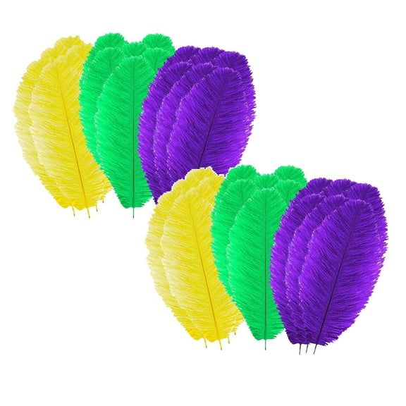 36 Pieces 10-12 Inch Mardi Gras Feathers, Natural Green Purple Gold Feathers, Mardi Gras Tree Decoration, Ostrich Feather for Mardi Gras Mask, Mardi Gras Accessories for Tree Party Craft