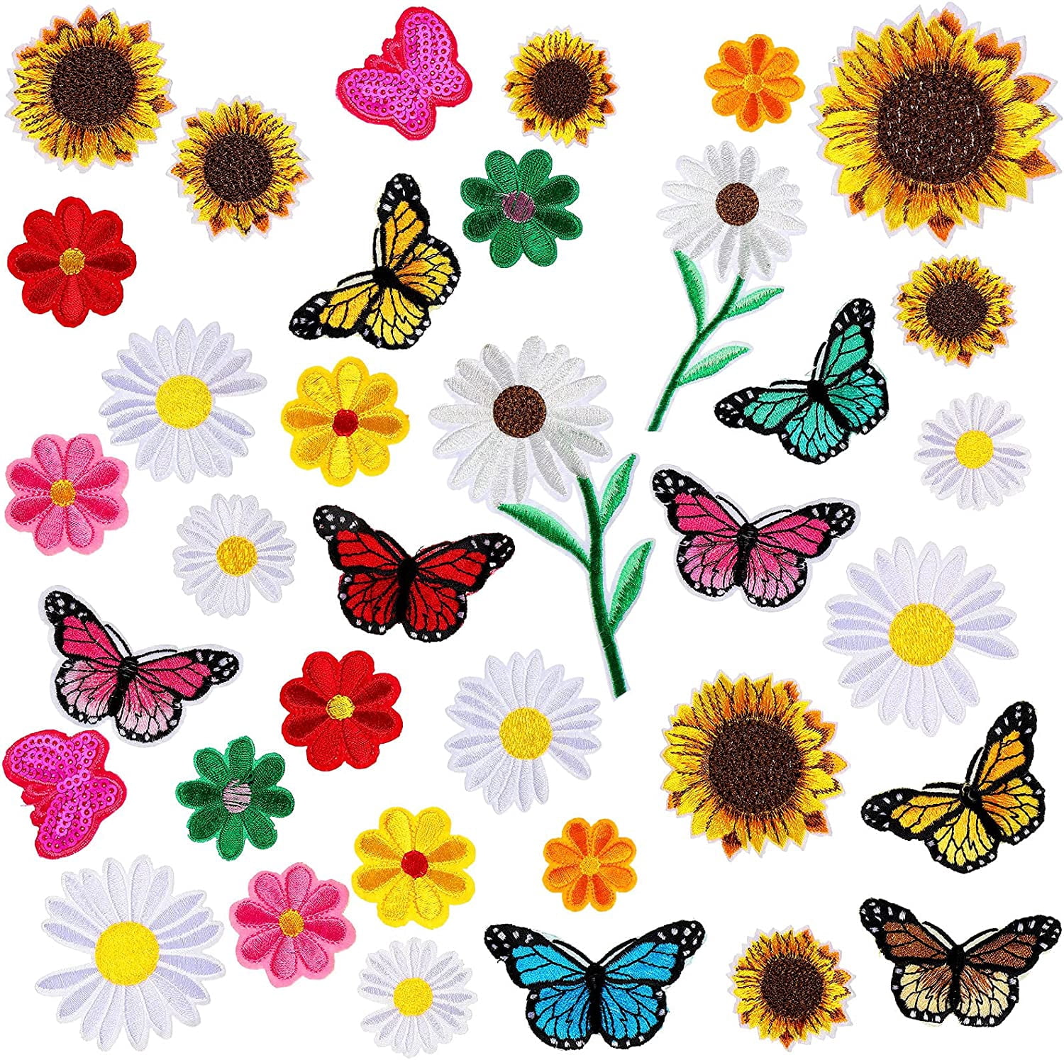36 Pieces Flower Iron On Embroidered Patches Sunflower Cute Sew On Applique Patches for Clothing Large Colorful Decorative Patches for Clothes Dress Hat Jeans DIY (Butterfly, Sunflower, Daisy)