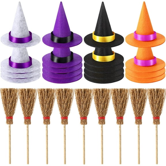 36 Pieces Mini Halloween Witch Decorations Include 18 Mini Felt Witch Hats Wine Bottle Covers Toppers and 18 Mini Witch Straw Broom for Halloween Party Supplies Accessories