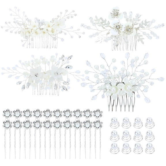 36 Pieces Silver Metal Bridal Wedding Flower Hair Side Combs Slides+U-shaped Rhinestone Pearl Flower Hair Pins+Twist Spiral Pearl Hairpins Clips Formal Party Prom Headpieces for Brides Bridesm