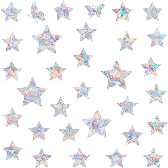 36 Pieces Star Window Decals for Bird Strike Prevention - Reusable Rainbow Suncatcher Clings to Save Birds, Non-Adhesive Anti-Collision Stickers, Easy Remove No Residue