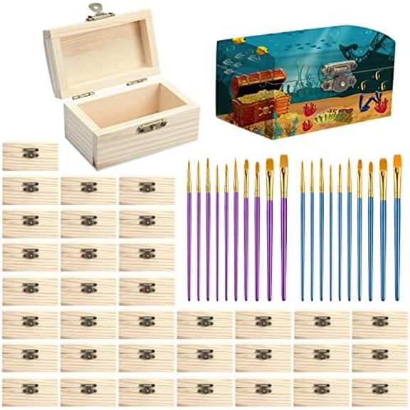 36 Pieces Unfinished Wood Box for Crafts with 20 Paintbrushes, Small Treasure Chest Box with Hinged Lid for DIY Project Craft Home Party Jewelry, 3.5 x 2.2 x 1.8 Inch$$Art & Craft