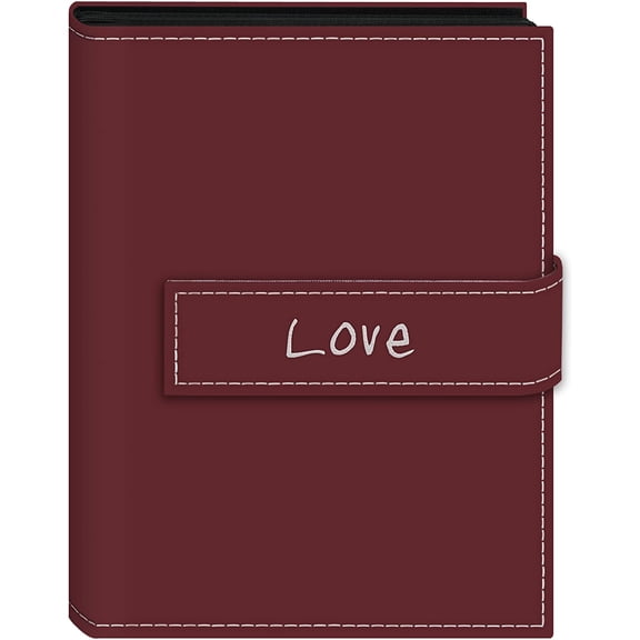 36-Pocket 5 by 7-Inch Embroidered "Love" Strap Sewn Leatherette Cover Photo Album, Mini, Burgundy