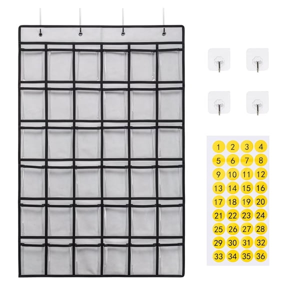 36-Pocket Classroom Pocket Chart for Phones and Calculators  Durable Hanging Wall Organizer with 36 Number Stickers & Dual Hooks (Grey/Blue/Black/Pink)
