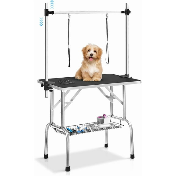 36'' Professional Dog Pet Grooming Table Adjustable Height Heavy Duty Portable Trimming Table with Arm/Noose/Mesh Tray, Maximum Capacity Up to 300 LBS, Black