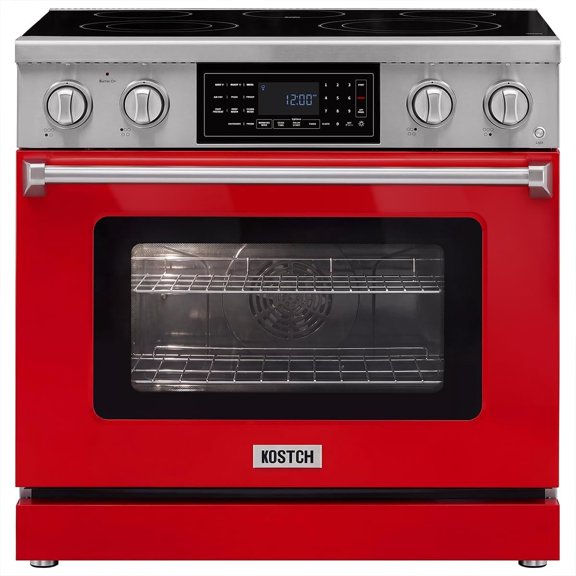 36" Professional Electric Range with Smart Tilt Touch Control Panel, 6.2 cu ft True Convection Oven, 5 Burner Cooktop, Air Fry, Self-Clean (Red)