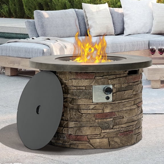 36" Propane Gas Fire Pit Table, 50,000 BTU Round Outdoor Concrete Fire Pit with Stainless Steel Burner, Pulse Ignition, Hidden Tank Storage & Lid, for Patio, Garden