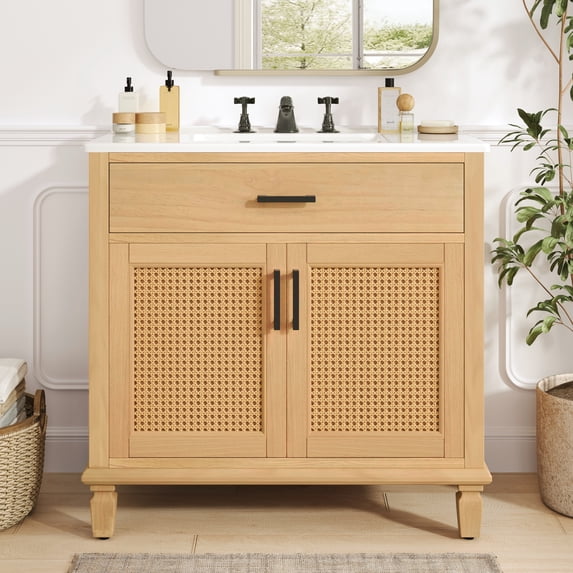 36" Rattan Bathroom Vanity with Ceramic Sink, Soft Close Doors and Drawers, Freestanding Cabinet with Solid Wood Legs, Large Space Storage, Natural Finish