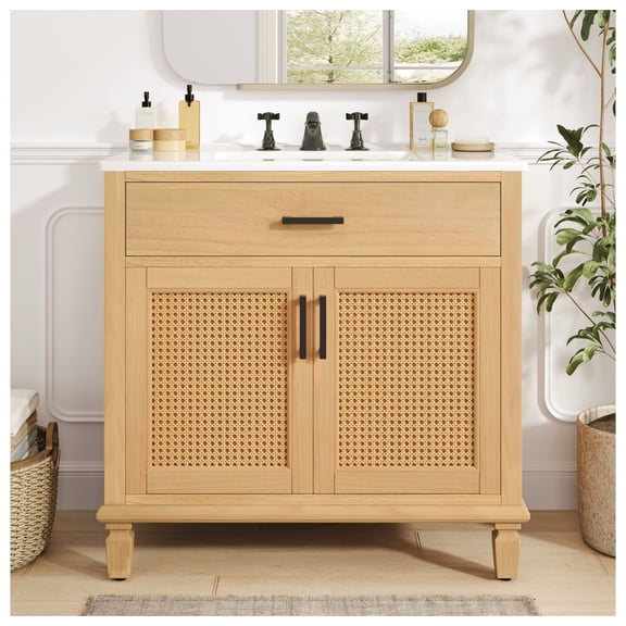 36" Rattan Bathroom Vanity with Ceramic Sink