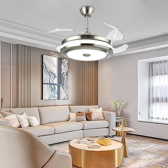 36" Retractable Blade Chandelier Ceiling Fan with 3-Color LED Light, Remote Control, High-Quiet Motor, Chrome Finish, Dual Downrod for Living Room