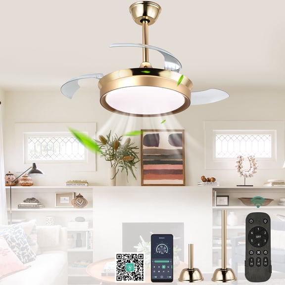 36" Gold Retractable Ceiling Fan with Lights and Remote Control, Bladeless Ceiling Fan Light, Modern Ceiling Fan with Hidden Blades