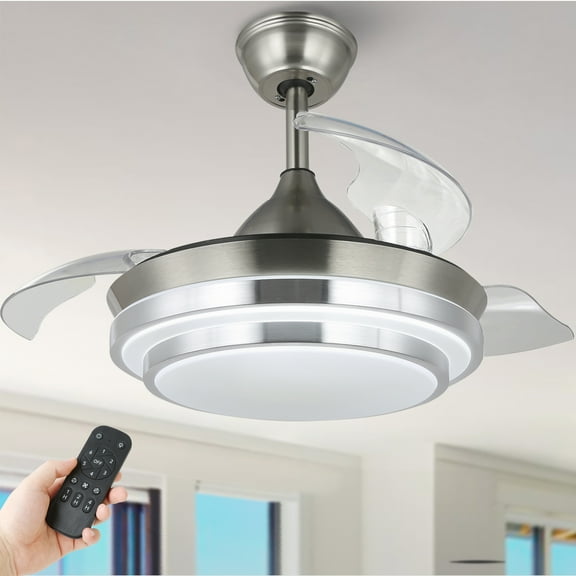 36" Retractable Ceiling Fan With Remote Control and Light Kit, Silver Modern Reversible Ceiling Fan