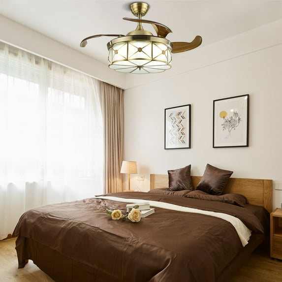36'' Retractable Led Ceiling Fan Light 3 Speed Chandelier With Remote Control