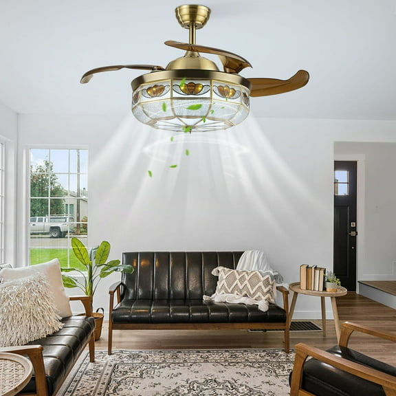 36" Retro LED Ceiling Fan Light Retractable Crystal Chandelier Lamp with Remote