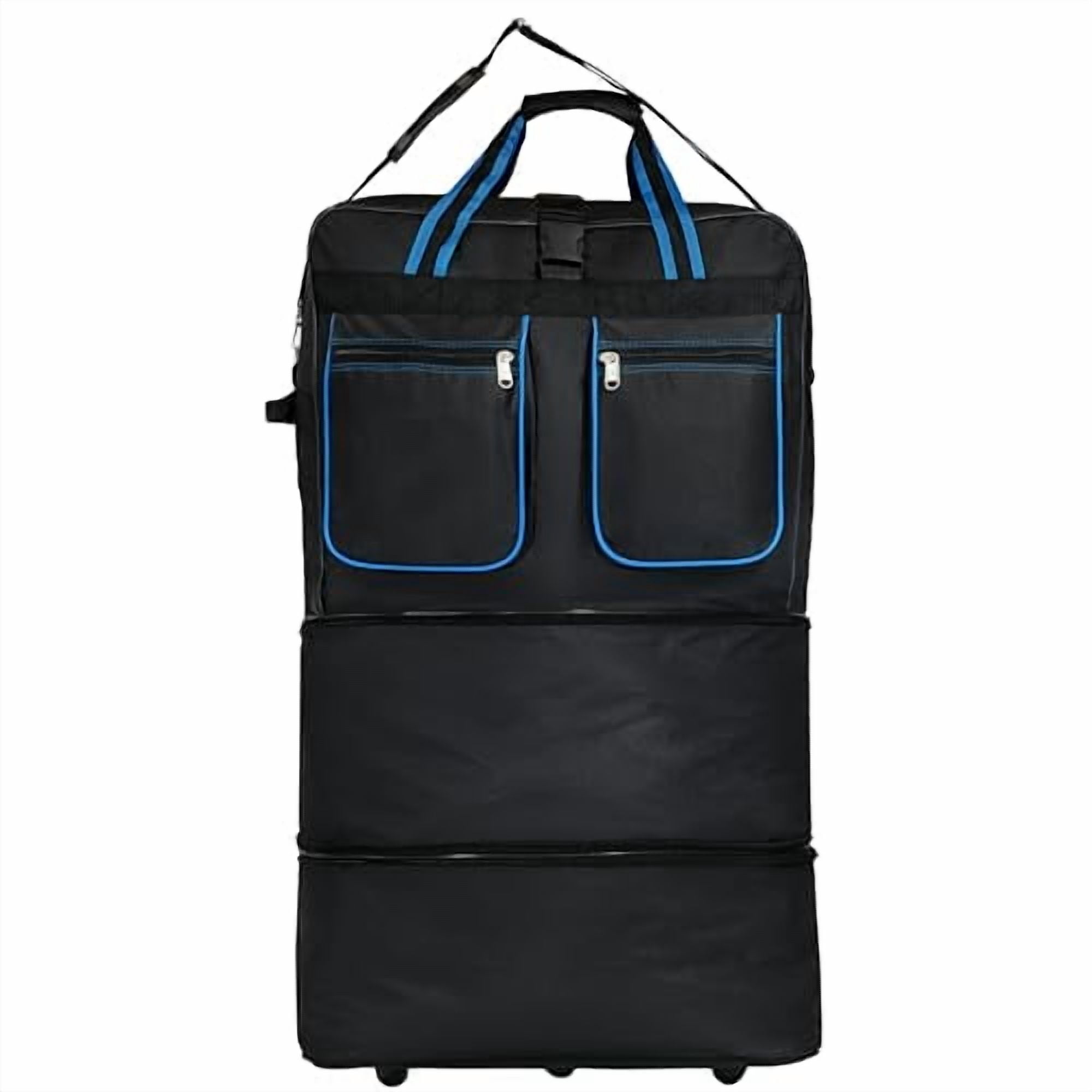 36"" Rolling Wheeled Expandable Duffel Bag Spinner Suitcase Luggage, Black with Blue Trim