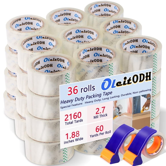 36 Rolls Clear Packaging Tape with Dispenser, 1.88" X 60 yd Shipping Tape Bulk, Total 2160 Yards, 2.7 mil, 3" Core, Heavy Duty Packing Tape Refills for Moving Boxes, Package, Mailing