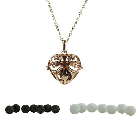 36" Rose Gold Plated Necklace Aromatherapy Charm Pendent Necklace Locket w/ 7 Lava Stone and 7 Felt Balls for Essential Oils Diffuser | Flower