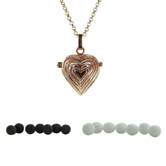 36" Rose Gold Plated Necklace Aromatherapy Charm Pendent Necklace Locket w/ 7 Lava Stone and 7 Felt Balls for Essential Oils Diffuser | Heart