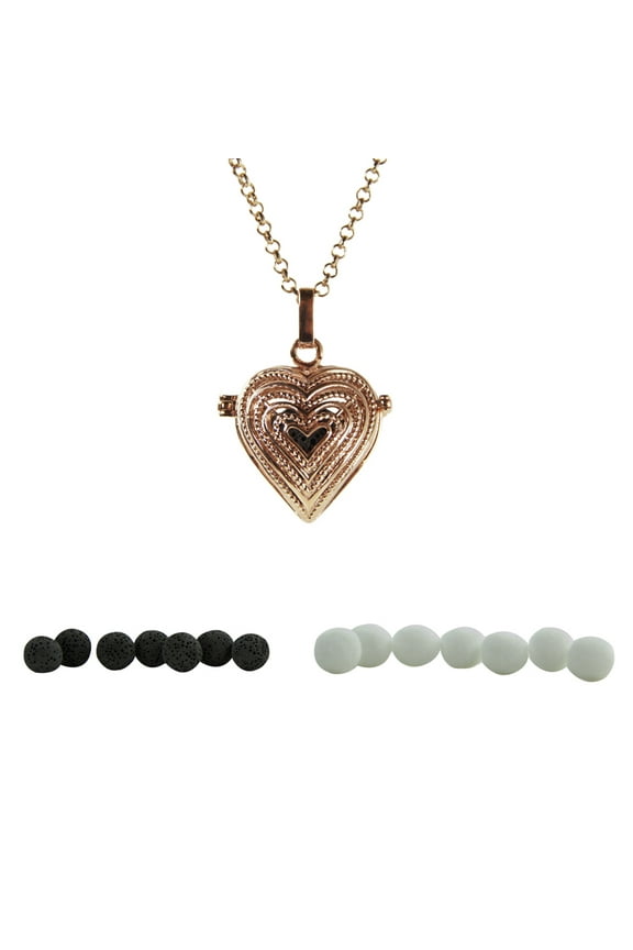 36" Rose Gold Plated Necklace Aromatherapy Charm Pendent Necklace Locket w/ 7 Lava Stone and 7 Felt Balls for Essential Oils Diffuser | Heart