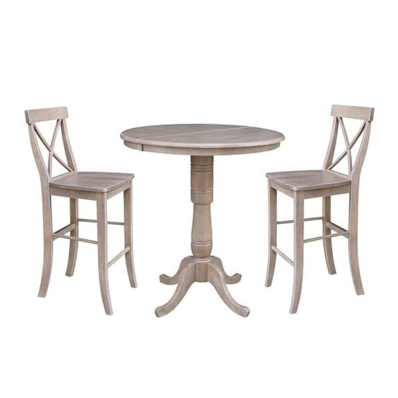 36" Round Bar Height Table with 12" Leaf and 2 X-back Stools - Washed Gray Taupe - 3 Piece set