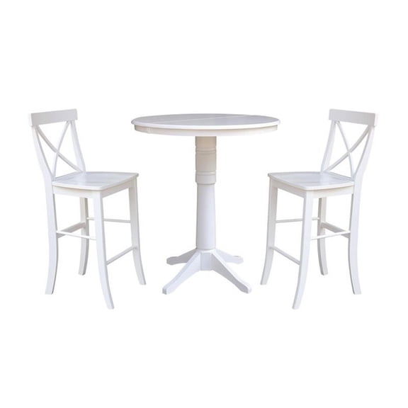 36" Round Bar Height Table with 12" Leaf and 2 X-back Stools  White - 3 Piece Set