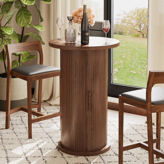 Pusnapku 36" Round Bar Table, Fluted High Top Table with Hidden Storage and Sliding Door, Wood Modern Home Bar Unit, Small Cocktail Table for Dining Room